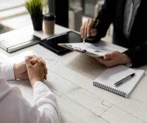 Two people discussing that sit at a desk.