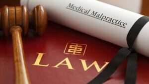 Red Leather Medical Law Book with Gold Embossed Type and Stylized Asclepius Logo, with a Gavel and a Paper with Medical Malpractice Written
